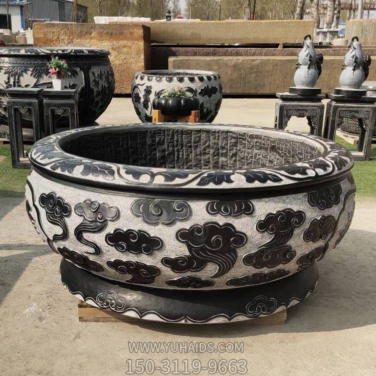 大理石雕刻祥云圓缸庭院做舊養(yǎng)魚(yú)花盆雕塑