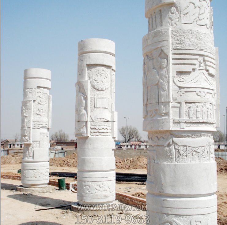 廣場(chǎng)擺放大型漢白玉浮雕文化石柱雕塑