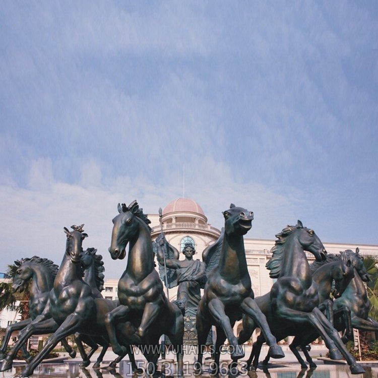 廣場大型玻璃鋼仿銅阿波羅展翅景觀雕塑，戶外園林馬群雕塑