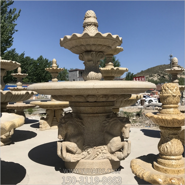 黃銹石石雕水缽，雙層大理石流水水缽雕塑