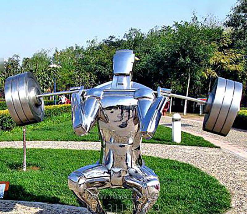 海邊景觀(guān)擺放不銹鋼抽象舉重人物雕塑