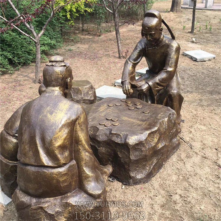 下棋，古代人物玻璃鋼仿銅場景雕塑