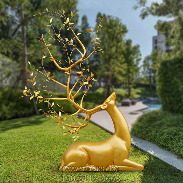 玻璃鋼金色創(chuàng)意梅花鹿，園林草坪動(dòng)物擺件雕塑