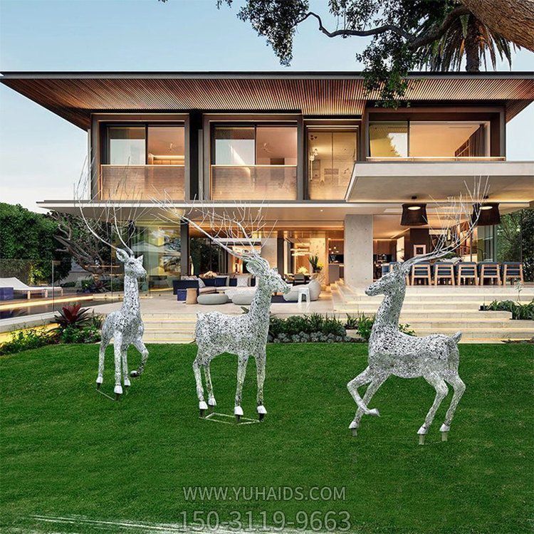 草坪動(dòng)物雕塑擺件，不銹鋼梅花鹿