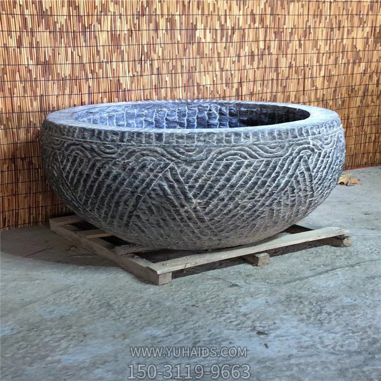 天然青石雕刻花紋圓缽  庭院養(yǎng)魚(yú)水缸花盆擺件·雕塑