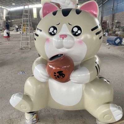 商店擺放玻璃鋼卡通貓拿酒公仔小品