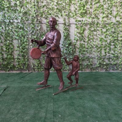 耍猴，玻璃鋼仿銅民俗人物情景雕塑