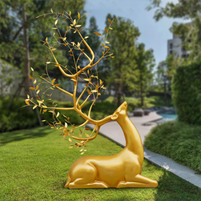 玻璃鋼金色創(chuàng)意梅花鹿，園林草坪動物擺件