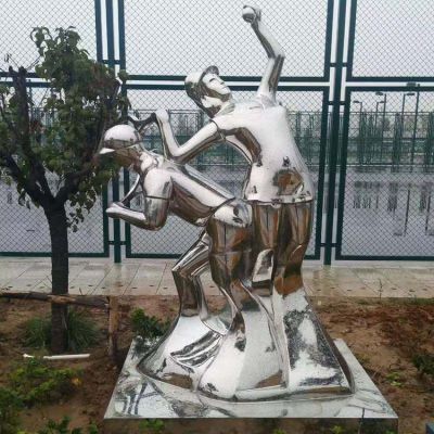 打網(wǎng)球，不銹鋼鏡面抽象體育運動人物景觀雕塑