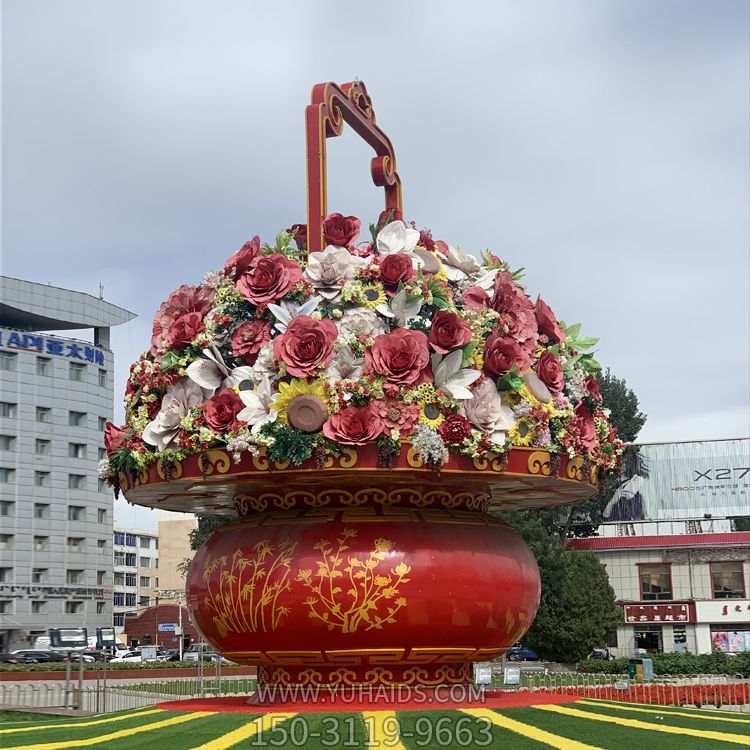 玻璃鋼彩繪國慶花卉戶外廣場(chǎng)大型花籃雕塑
