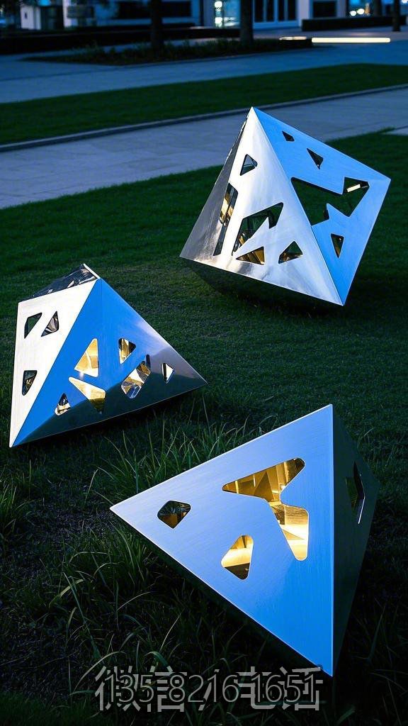 鏡面鏤空發(fā)光不銹鋼幾何石頭雕塑