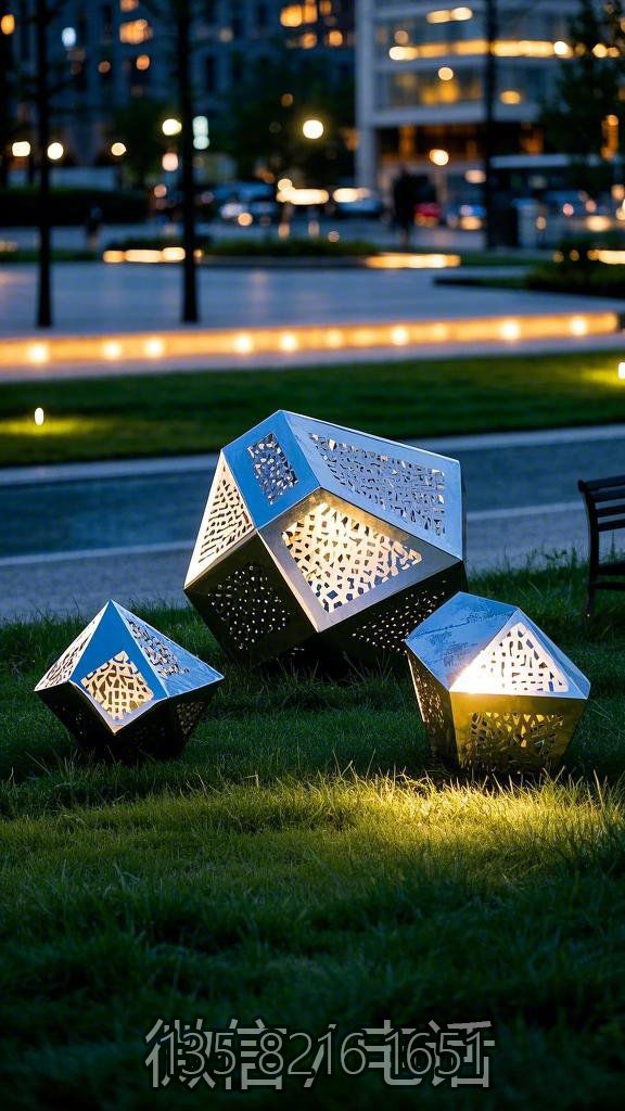 鏤空發(fā)光不銹鋼幾何石頭雕塑