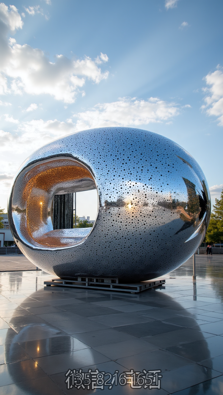 鏡面不銹鋼鏤空橢圓球景觀雕塑