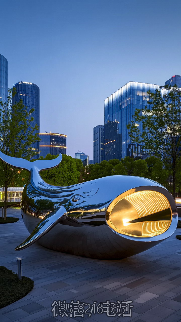 城市園林創(chuàng)意不銹鋼發(fā)光鯨魚雕塑