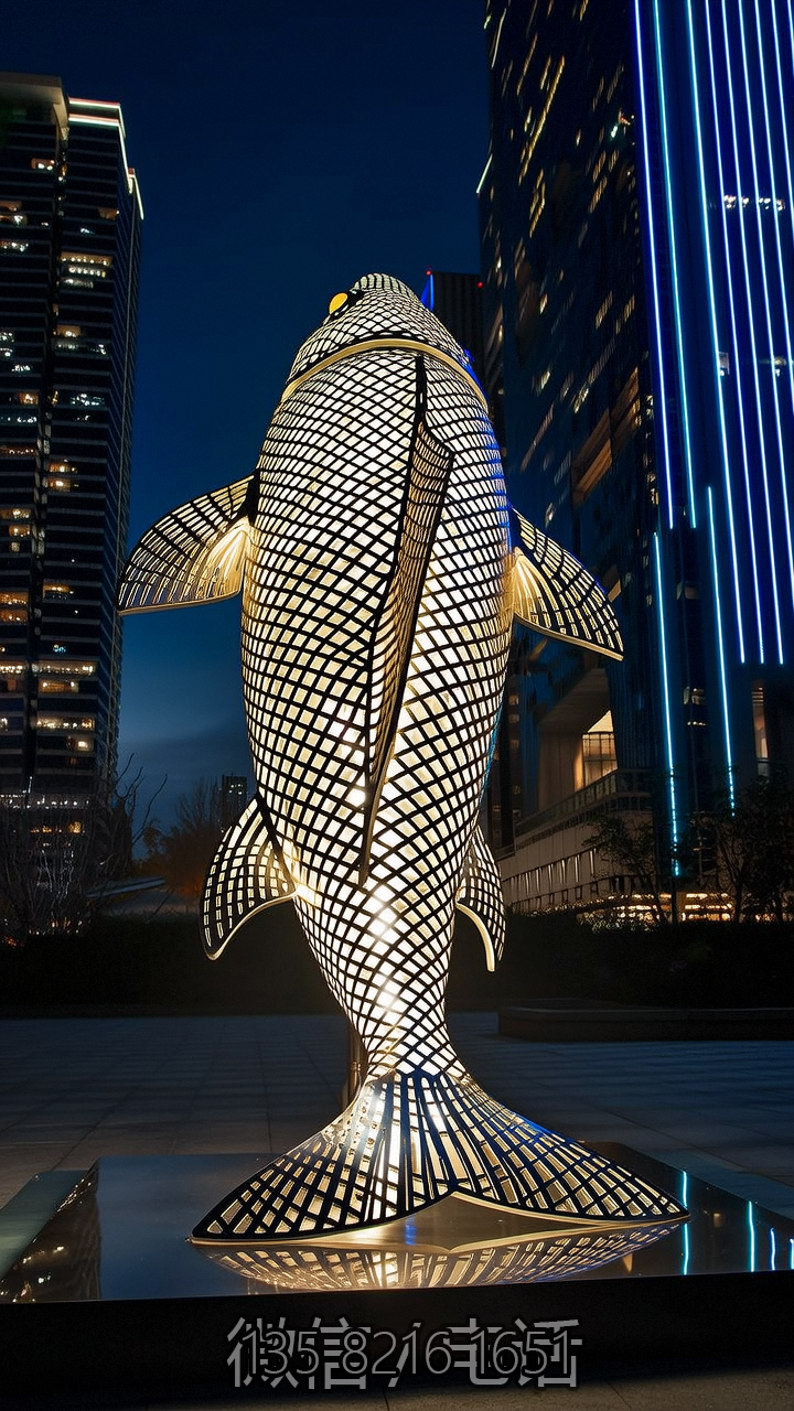 鏤空發(fā)光不銹鋼鯉魚雕塑