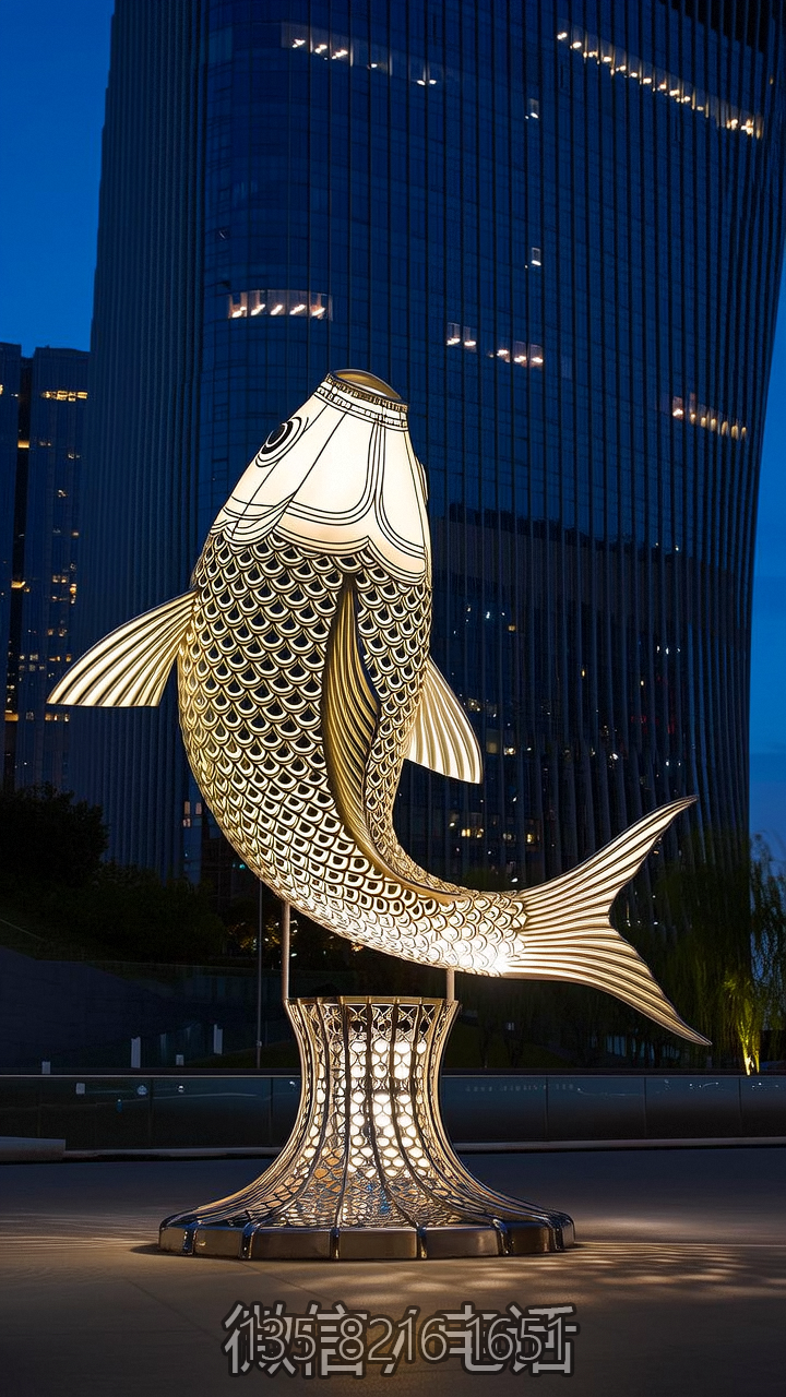 不銹鋼網格鏤空發(fā)光鯉魚雕塑