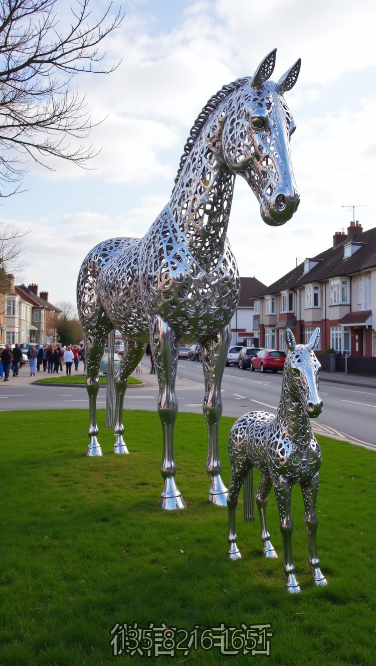鏤空不銹鋼母子馬雕塑