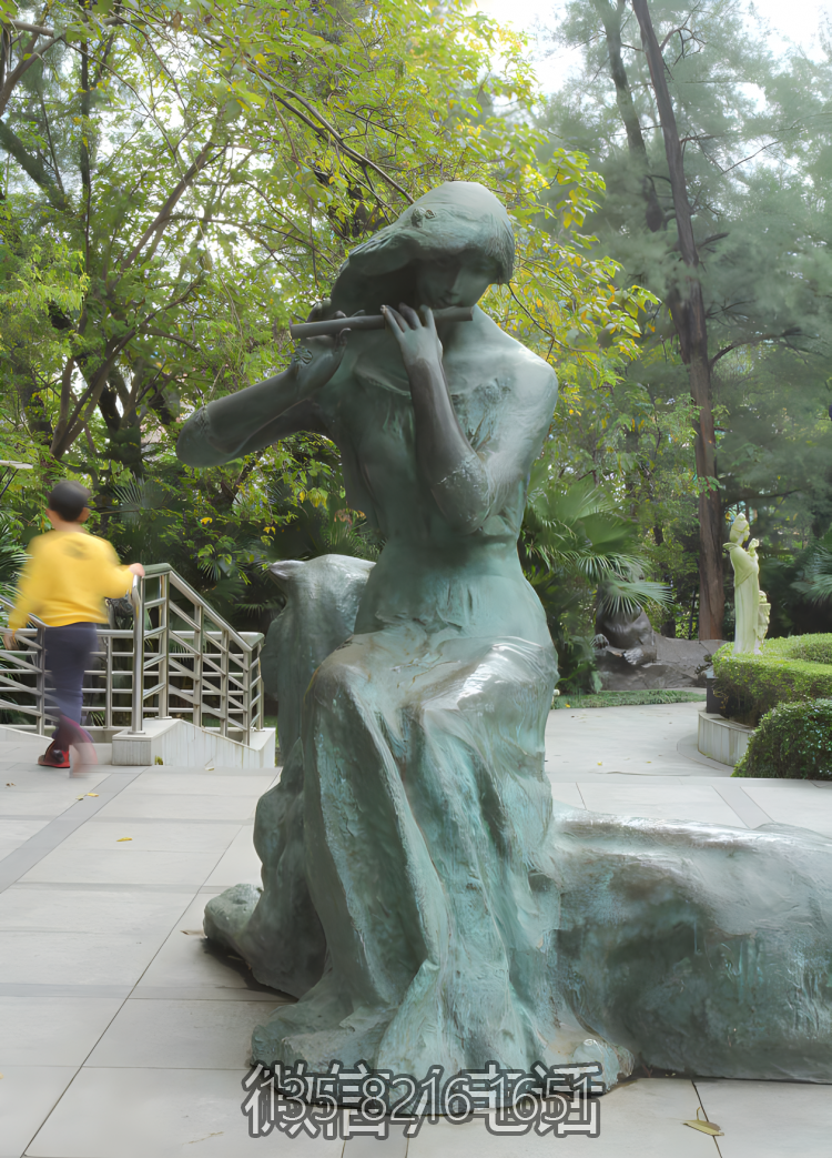 公園吹笛子的女孩人物青銅雕塑