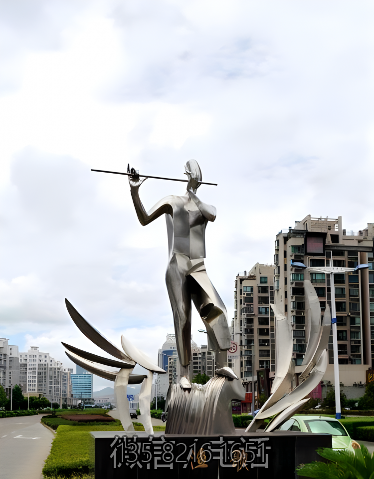 廣場大型創(chuàng)意不銹鋼吹笛子的人物雕塑