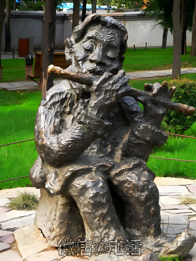 黃銅鑄造吹笛子的寫意人物雕塑