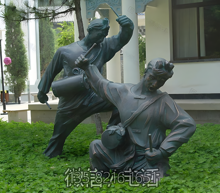 純銅鑄造打鼓的陜北人物雕塑