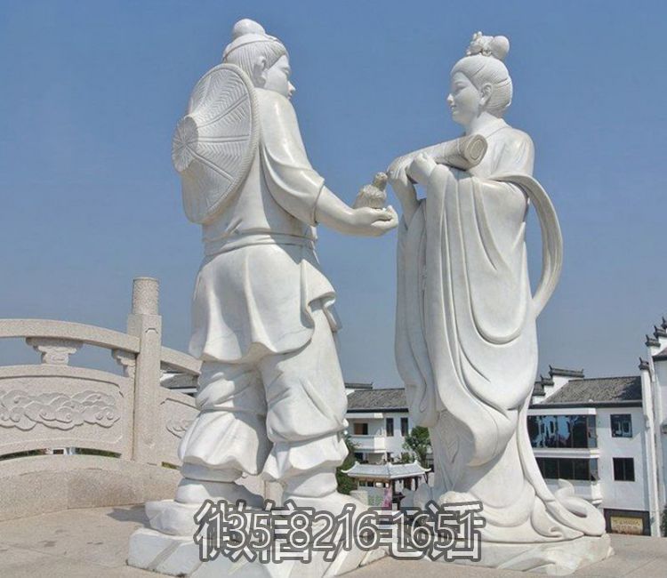 花園廣場(chǎng)擺放漢白玉古代人物牛郎織女石雕雕塑