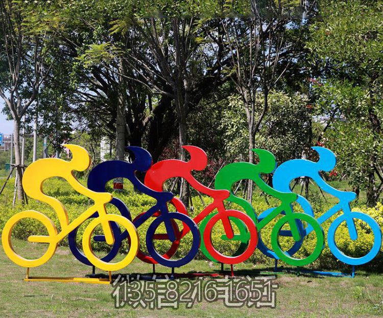 公園草坪不銹鋼剪影抽象騎自行車抽象人物雕塑