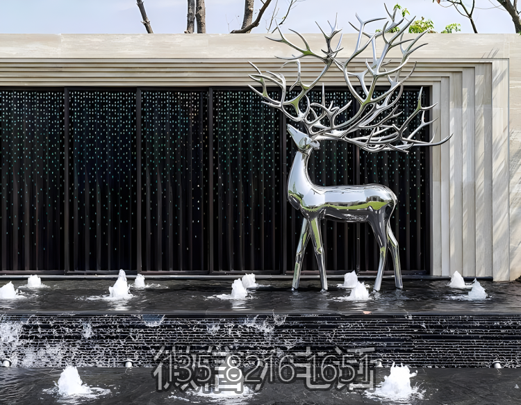酒店會所水景噴泉裝飾擺件不銹鋼鏡面動物梅花鹿雕塑