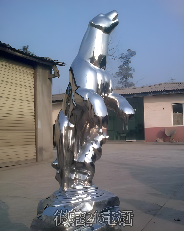 戶外景觀裝飾擺件不銹鋼鏡面抽象動物擺件北極熊雕塑