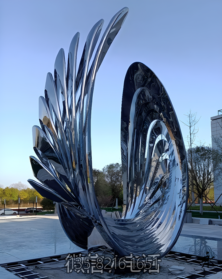 抽象鏡面不銹鋼翅膀羽毛雕塑