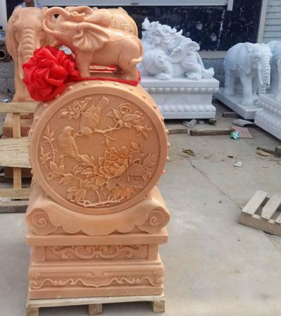 晚霞紅大理石大象抱鼓石門(mén)墩擺件