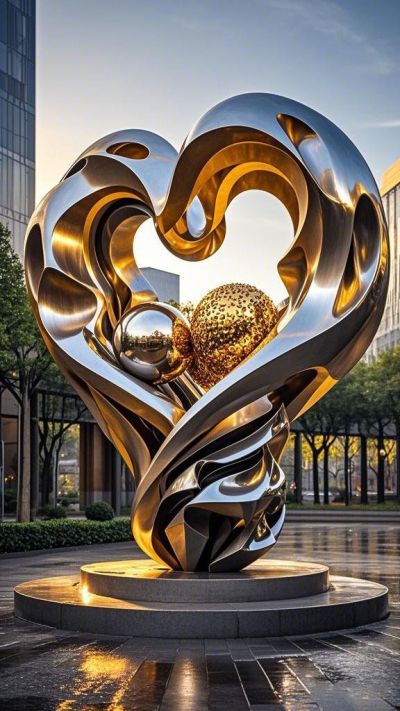 鏡面不銹鋼心形景觀雕塑