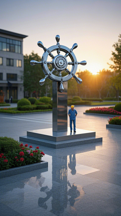 企業(yè)大門(mén)不銹鋼船舵雕塑