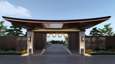 別墅大門(mén)中式不銹鋼門(mén)頭造型