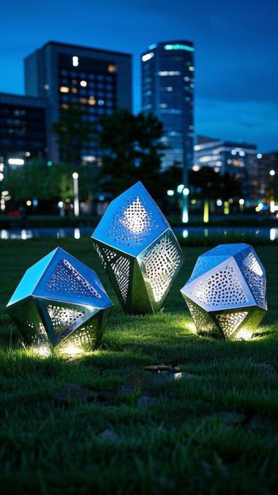 鏤空發(fā)光不銹鋼幾何石頭鵝卵石雕塑擺件