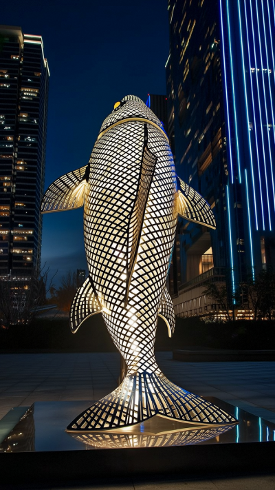 鏤空發(fā)光不銹鋼鯉魚雕塑