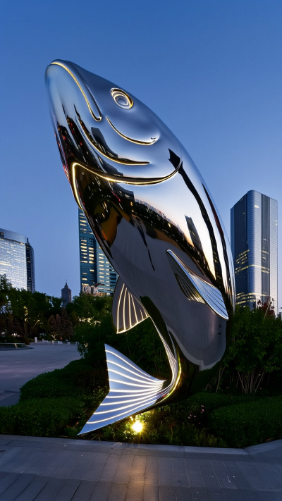 不銹鋼鯉魚(yú)鏡面動(dòng)物雕塑