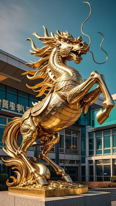 企業(yè)門口的金色不銹鋼龍馬雕塑