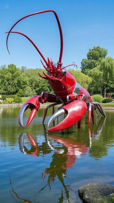湖面創(chuàng)意不銹鋼仿真龍蝦雕塑