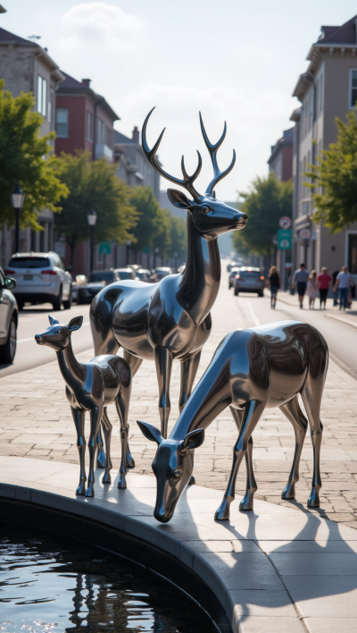 水池邊的不銹鋼梅花鹿雕塑
