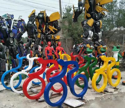 花園景觀創(chuàng)意不銹鋼抽象運(yùn)動騎自行車人物雕塑