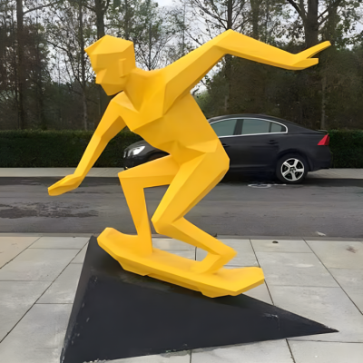 城市街道不銹鋼幾何抽象景觀(guān)玩滑板的人物雕塑