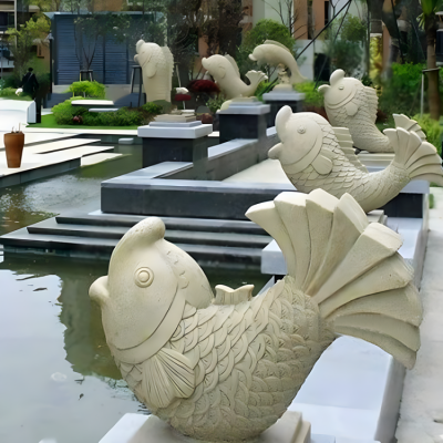 小區(qū)別墅大理石石雕水景擺件海洋動(dòng)物噴水魚(yú)裝飾雕塑