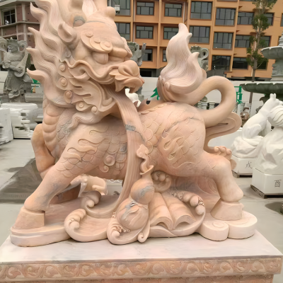 晚霞紅石雕庭院寺廟大型動(dòng)物景觀神獸麒麟雕塑