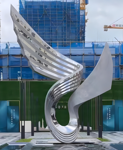 鏡面不銹鋼抽象翅膀飄帶雕塑