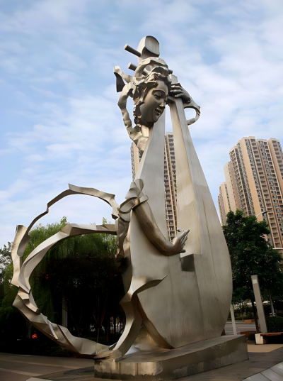 創(chuàng)意不銹鋼彈琵琶的古代人物雕塑